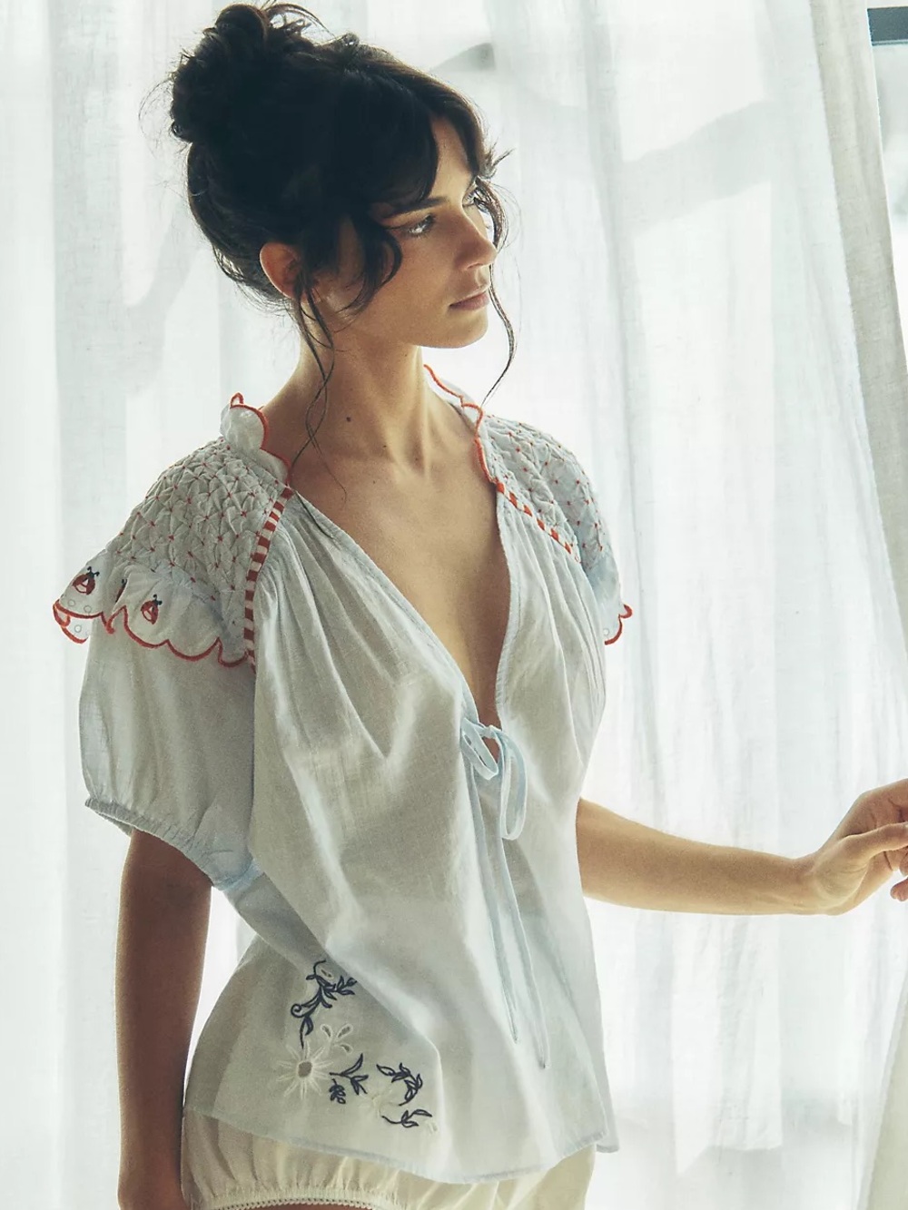 Lyrebird Soft Blue/Puff Sleeve Embroidered Top - Size Large